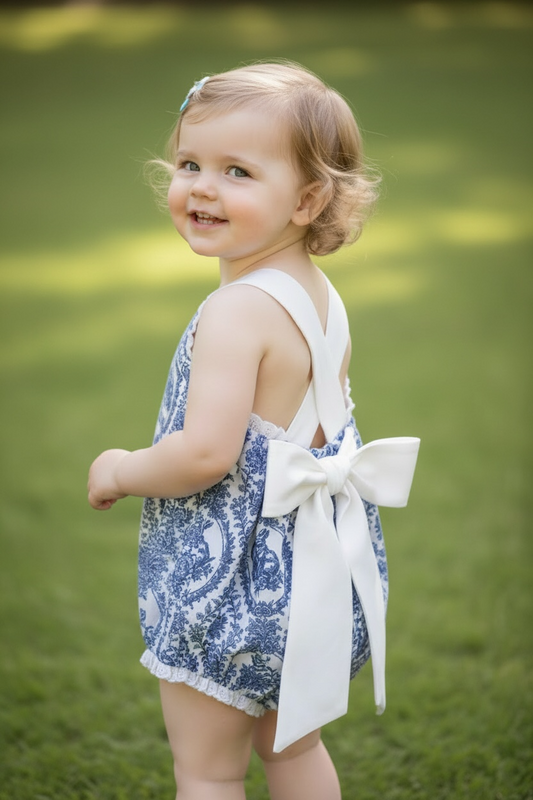 Blue Toile Easter Bow Back Sunsuit