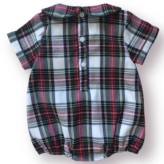Back of a Plaid baby romper with three buttons down the back on a white background