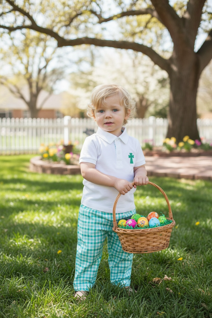Cross Embroidered Dress Shirt and Mint Plaid Pants Set