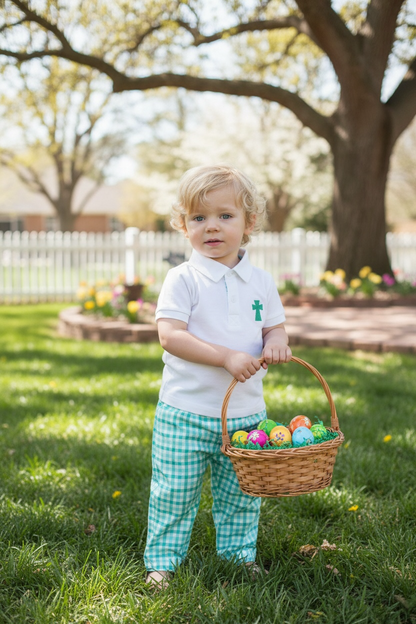 Cross Embroidered Dress Shirt and Mint Plaid Pants Set