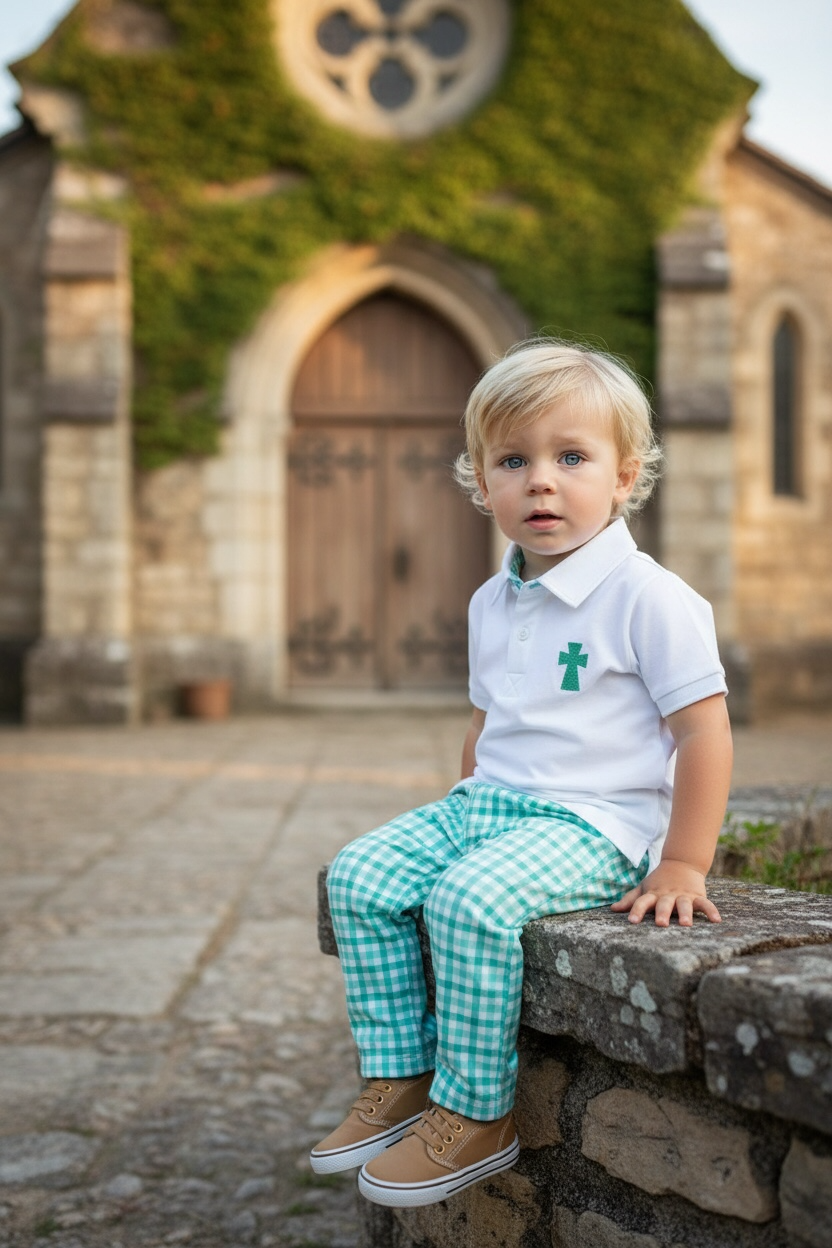 Cross Embroidered Dress Shirt and Mint Plaid Pants Set