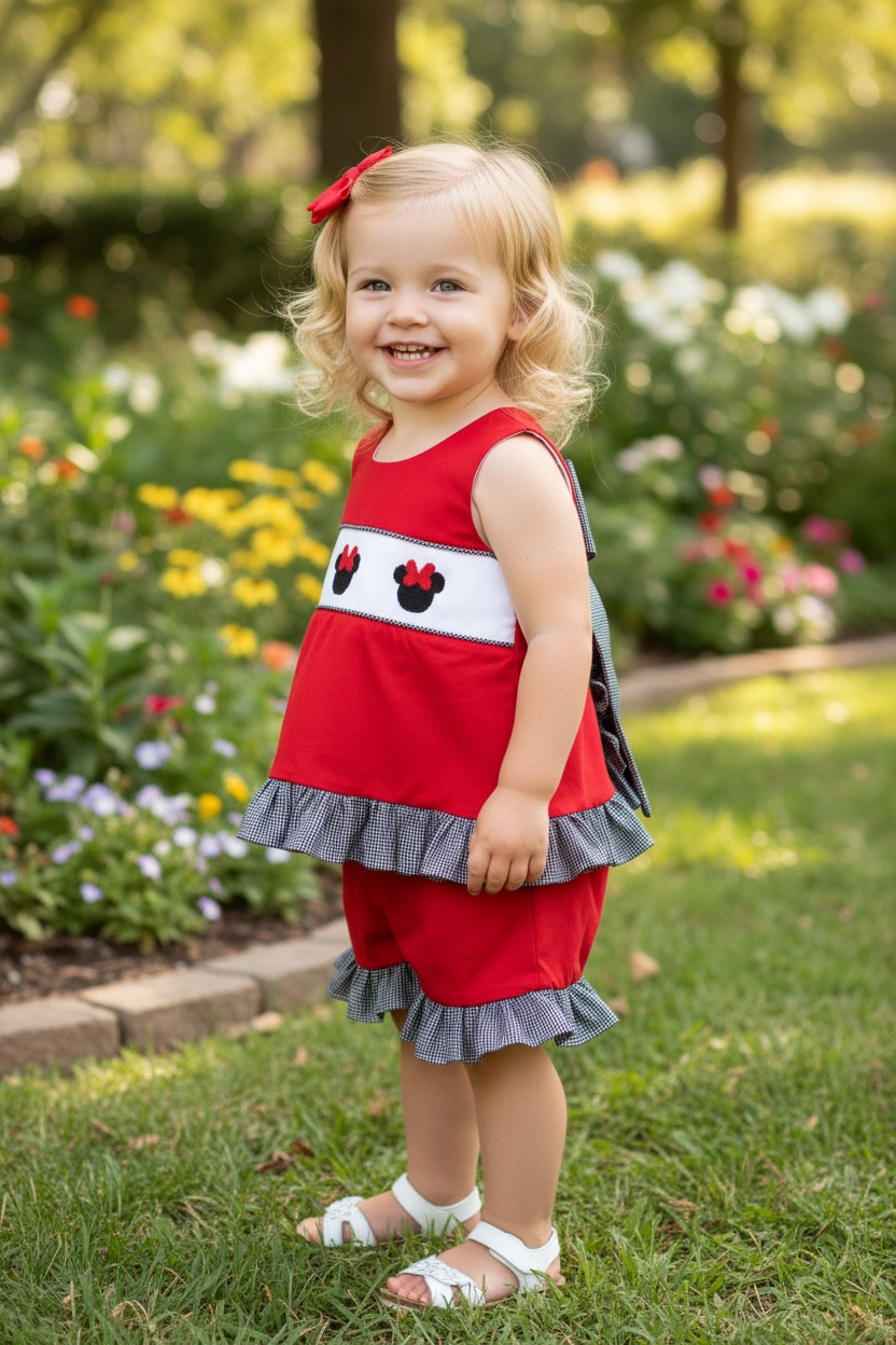 Miss Mouse Smocked Swing Top & Ruffle Shorts Set