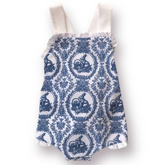 Blue Toile Easter Bow Back Sunsuit