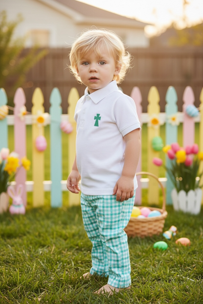 Cross Embroidered Dress Shirt and Mint Plaid Pants Set