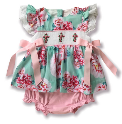 Pretty in Peonies Smocked Crosses Bloomer Set