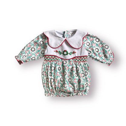 Long Sleeved Smocked Christmas Wreath Bubble