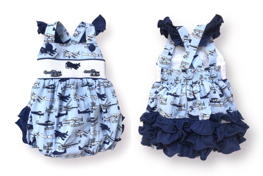 Let's Fly Away Smocked Airplanes Ruffle Bum Bubble