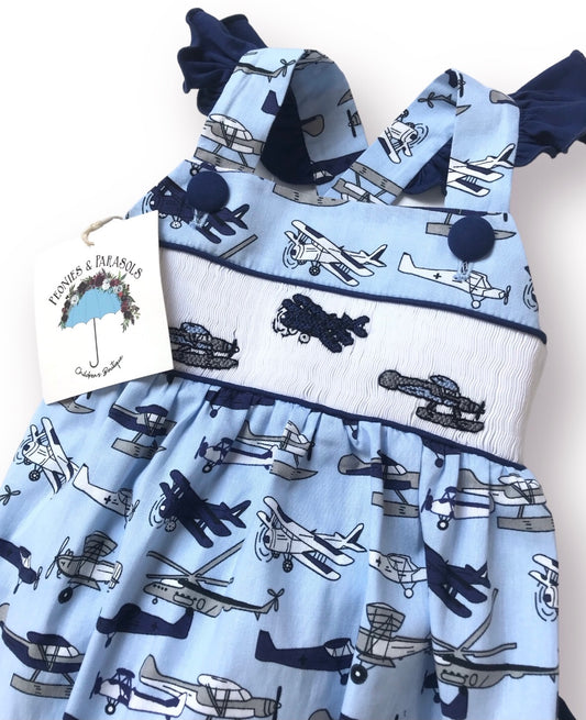 Let's Fly Away Smocked Airplanes Ruffle Bum Bubble