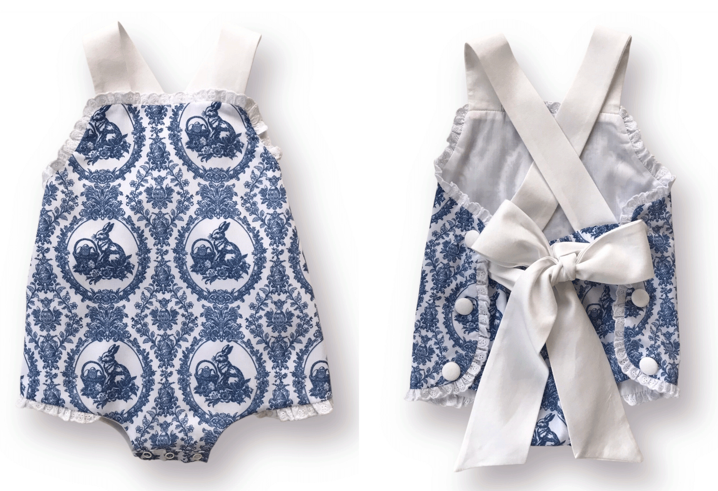 Blue Toile Easter Bow Back Sunsuit
