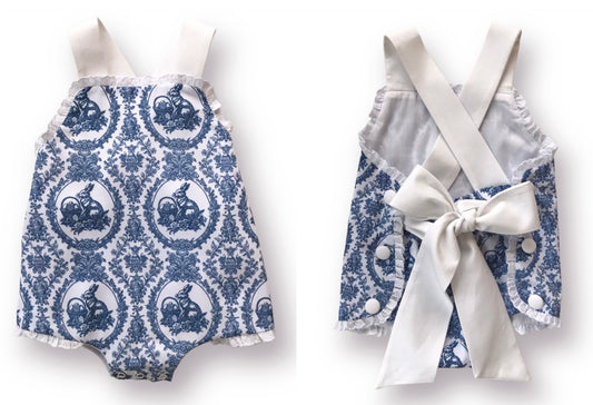 Blue Toile Easter Bow Back Sunsuit