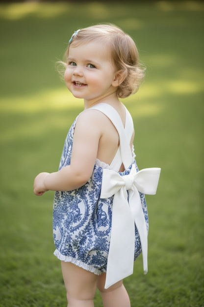 Blue Toile Easter Bow Back Sunsuit