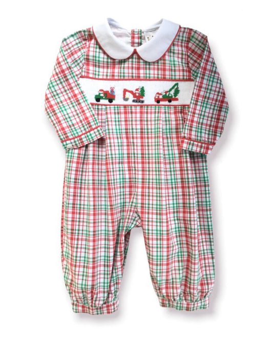 Christmas Plaid Smocked Construction Crew Romper