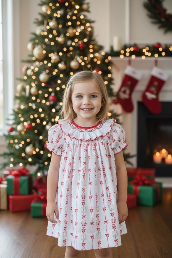 Red Bows Santa Print Dress