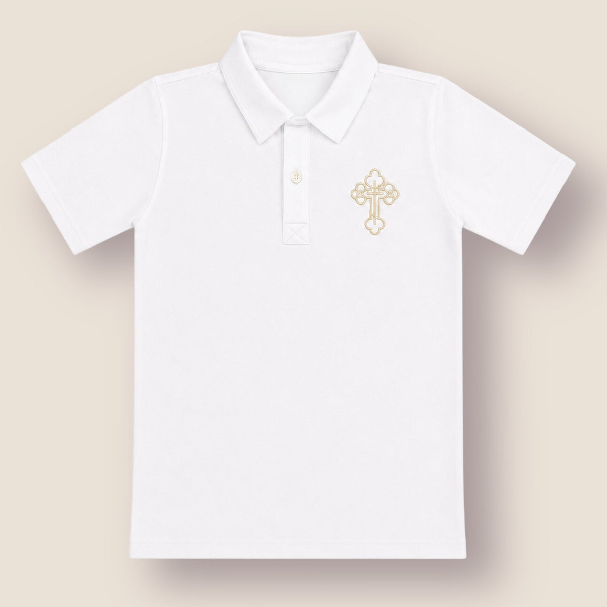 A white short-sleeve polo shirt with a small gold cross embroidered on the left chest, displayed on a solid beige background.
