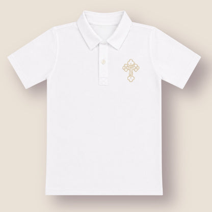 A white short-sleeve polo shirt with a small gold cross embroidered on the left chest, displayed on a solid beige background.