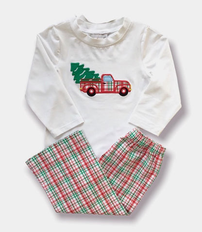 Christmas Plaid Truck Appliqué Pants Set
