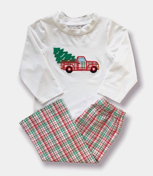 Christmas Plaid Truck Appliqué Pants Set