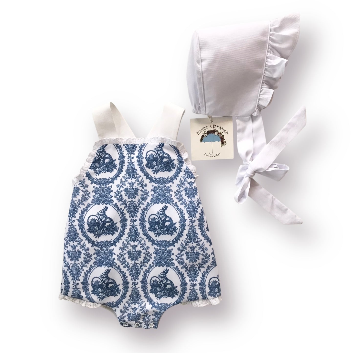 Blue Toile Easter Bow Back Sunsuit